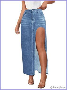 High Split Denim Maxi Pencil Skirt Slim Fit Long Jean Skirt